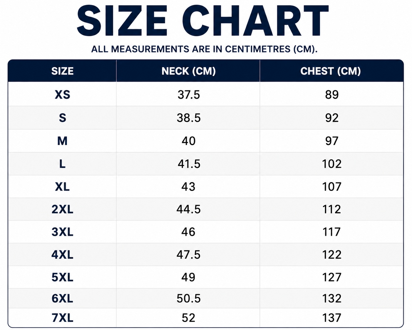 Tomuli shirt size chart